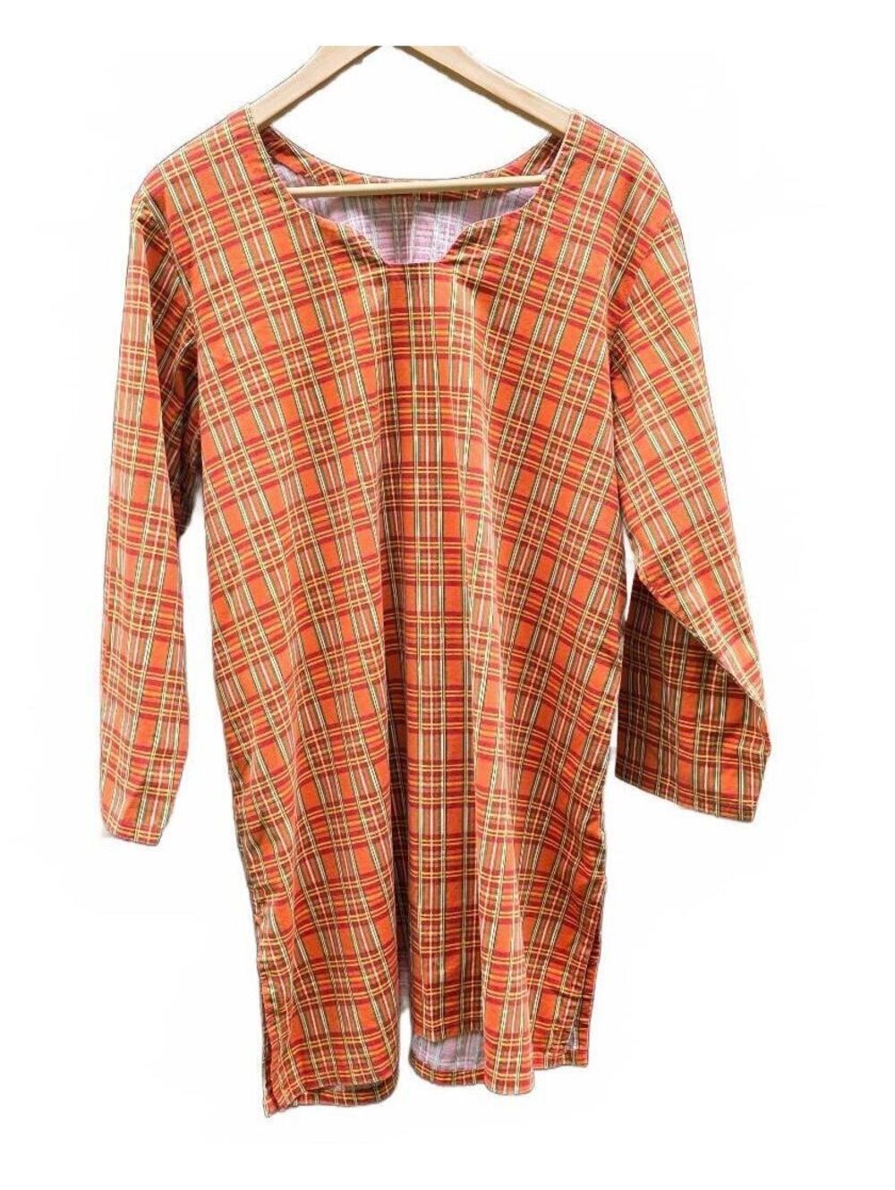Vintage Handmade Orange Plaid Tunic Top L | Hand Sewn Green Cream Boho Blouse